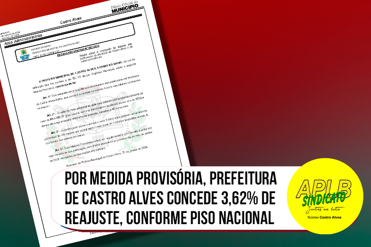 Por Medida Provisória, Prefeitura de Castro Alves concede 3,62% de reajuste, conforme piso nacional